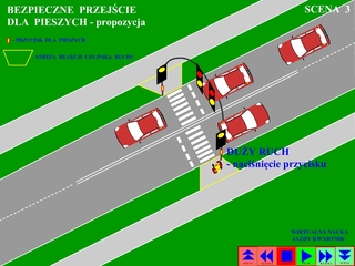 duży ruch pojazdów - pieszy naciska guzik - zapala się sygnał żółty a następnie czerwony dla wszystkich zbliżajacych się pojazdów